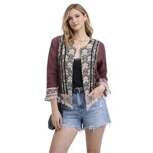 Gimmicks by BKE Boho Embroidered Jacket Size S Burgundy Open Front